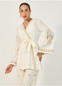 Styli Embroidered Long Sleeves Belted Kimono  - Image 1