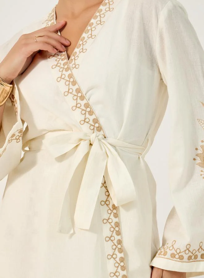 Styli Embroidered Long Sleeves Belted Kimono