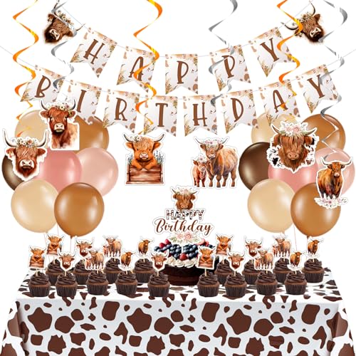 Hollowfly Highland Cow Birthday Party Decorations Cute Boho Cow Party Supplies with Retro Floral Birthday Banner Hanging Swirls Cattle Cake Toppers Balloons Tablecloth for Girls Boys - Image 1