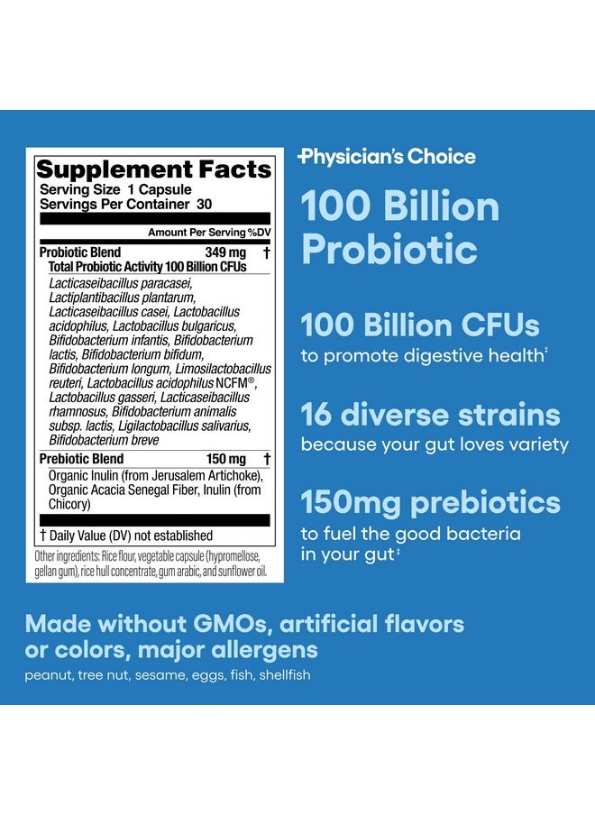 Physician's CHOICE Physician's CHOICE 100 Billion Advanced Probiotic - 16 Strains + Organic Prebiotics - Digestive & Gut Health - Supports Occasional Constipation, Diarrhea, Gas & Bloating - Probiotics for Women & Men  - Image 2