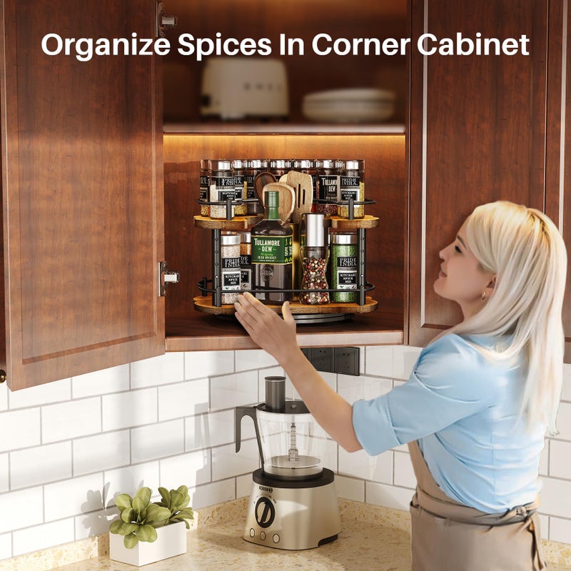 SNTD Lazy Susan Organizer Spice Rack - Spice Organization for Cabinet Height Adjustable Rotating Lazy Turntable, Pantry Kitchen Wood Revolving Seasoning Organizer (Vintage, 12 Inch) - Image 2