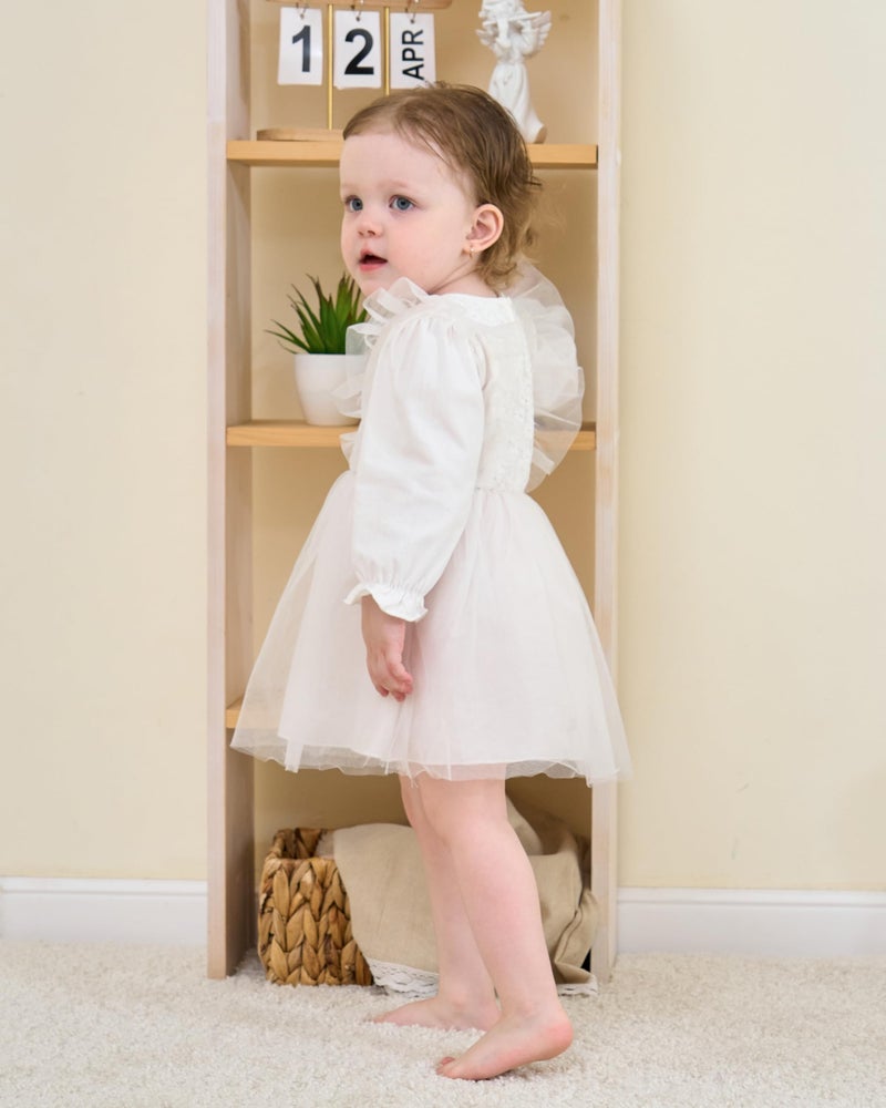 Renotemy Baby Dress White Baptism Dresses Fall Winter Infant Girl Clothes Outfits Ruffle Long Sleeve Tutu Christening Dresses Flower Wedding Party Birthday Dress for Girls 6-9 Month with Headbands - Image 3