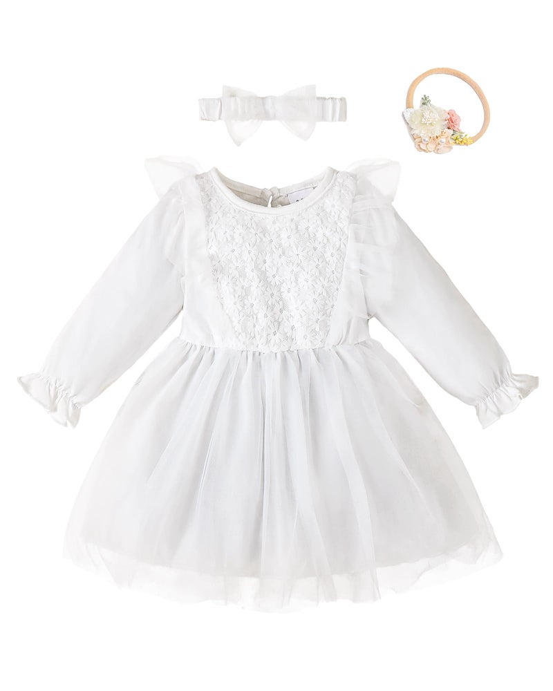 Renotemy Baby Dress White Baptism Dresses Fall Winter Infant Girl Clothes Outfits Ruffle Long Sleeve Tutu Christening Dresses Flower Wedding Party Birthday Dress for Girls 6-9 Month with Headbands - Image 1