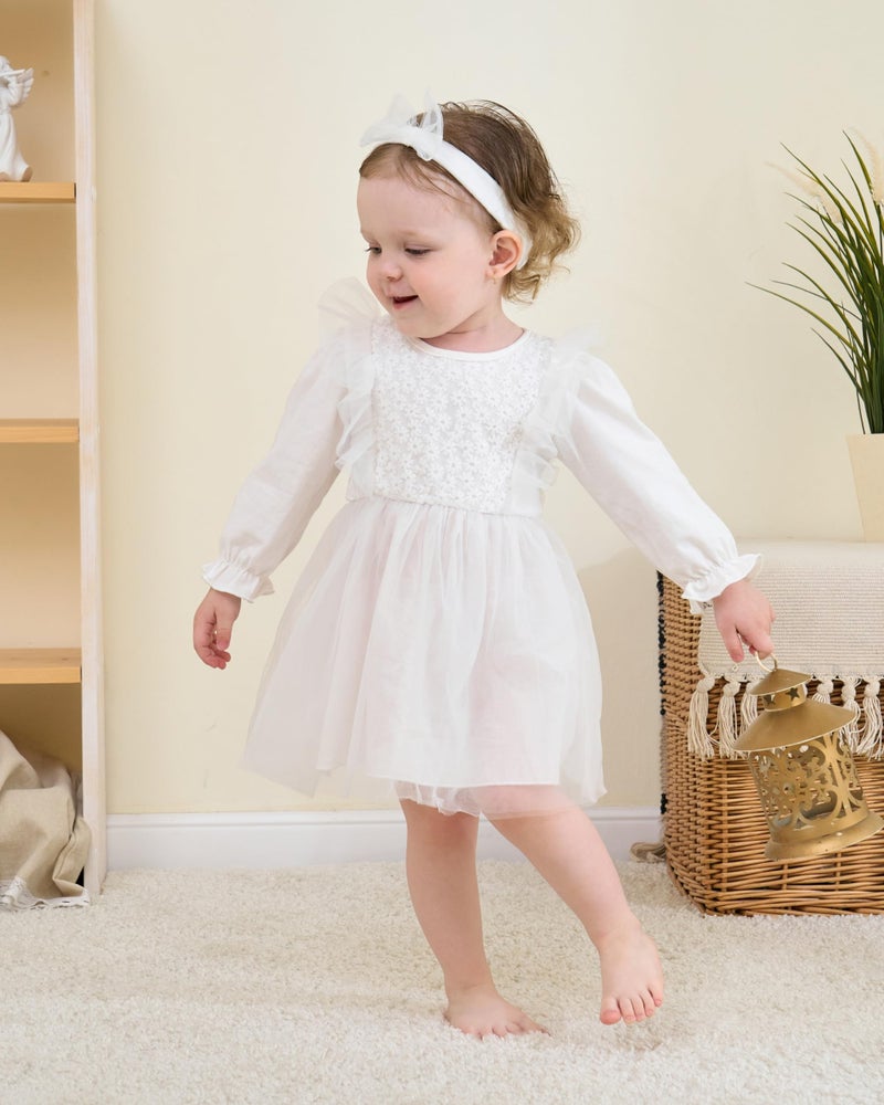 Renotemy Baby Dress White Baptism Dresses Fall Winter Infant Girl Clothes Outfits Ruffle Long Sleeve Tutu Christening Dresses Flower Wedding Party Birthday Dress for Girls 6-9 Month with Headbands - Image 2