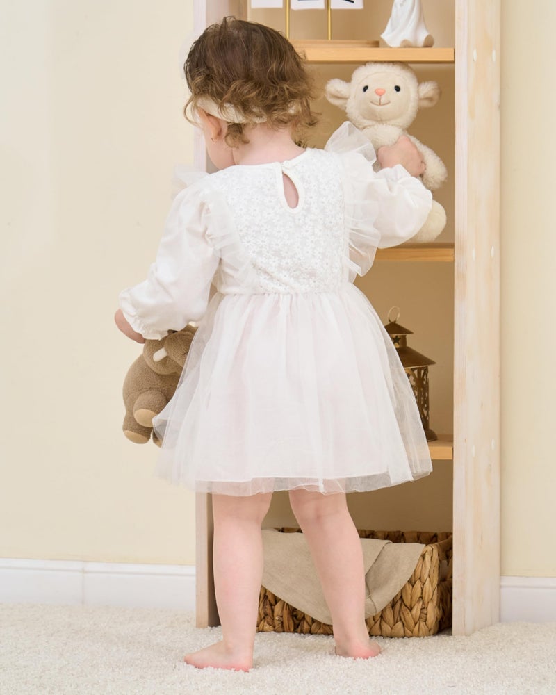 Renotemy Baby Dress White Baptism Dresses Fall Winter Infant Girl Clothes Outfits Ruffle Long Sleeve Tutu Christening Dresses Flower Wedding Party Birthday Dress for Girls 6-9 Month with Headbands - Image 5