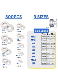 Y&D Assorted Flat Washer Spacers, 800Pcs Stainless Steel 304 Assortment Kit, 9 Sizes M2 M2.5 M3 M4 M5 M6 M8 M10 M12 For Home Decoration, Factory Repair, Kitchen, Automotive Repairing DIY  - Image 2