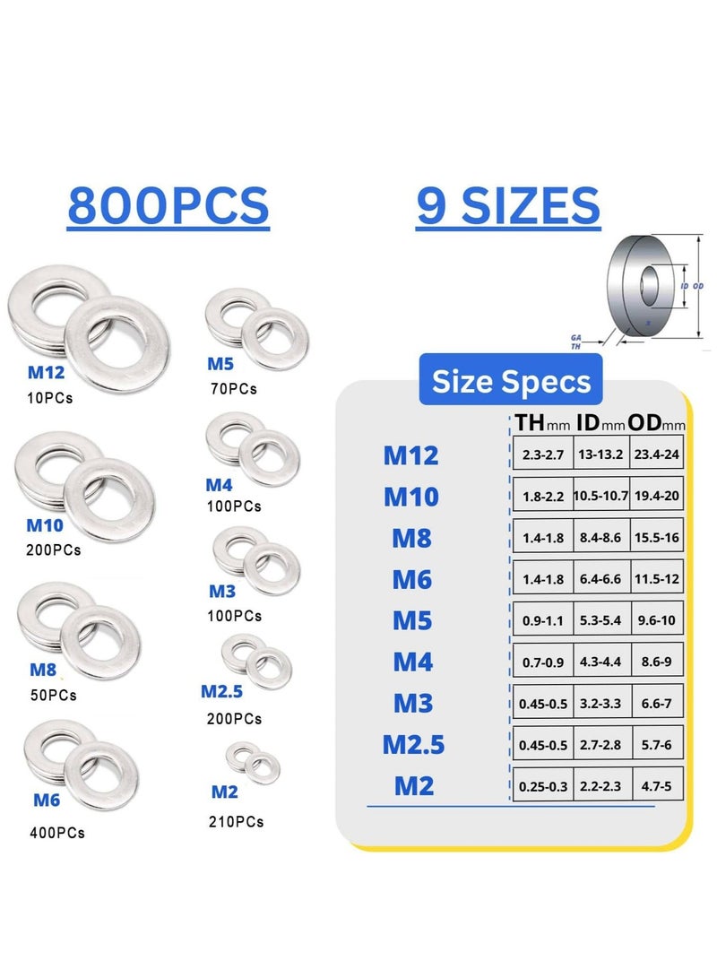واي آند دي Assorted Flat Washer Spacers, 800Pcs Stainless Steel 304 Assortment Kit, 9 Sizes M2 M2.5 M3 M4 M5 M6 M8 M10 M12 For Home Decoration, Factory Repair, Kitchen, Automotive Repairing DIY  - Image 2
