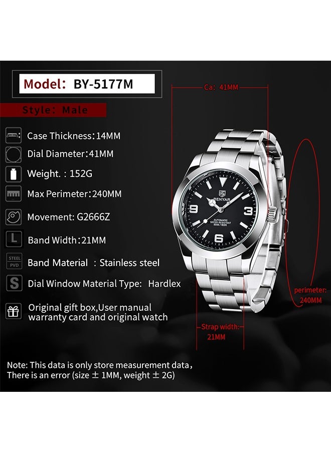 BENYAR - Casual Men's Automatic Watches 50M Waterproof Solid Stainless Steel Bracelet Wrist Watch for Men Luminous Wristwatches - Image 1