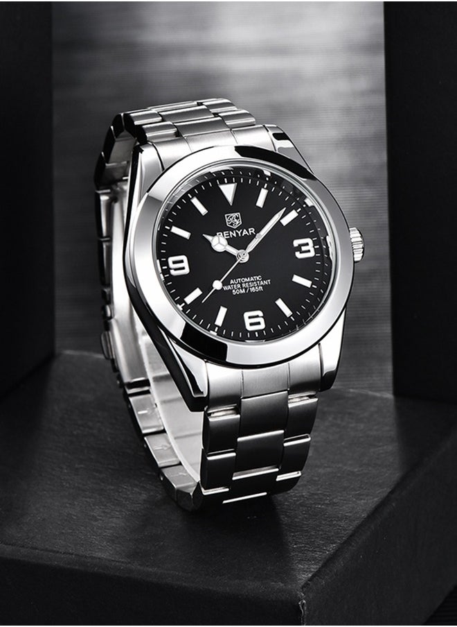 BENYAR - Casual Men's Automatic Watches 50M Waterproof Solid Stainless Steel Bracelet Wrist Watch for Men Luminous Wristwatches - Image 1