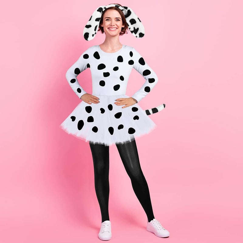 Boyiee Girl Dalmatian Costume Set Includes Dog Ears Headband Bowtie Tail Long Sleeved Tutu Skirt Black Stockings CosplayAdult Style S Size - Image 4