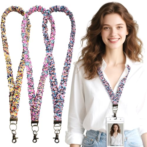 LOTADILO 3 Pack Scrunchie Lanyards for ID Card and Keys Scrunchy Cute Neck Keychain with Vertical Badge Holders and Clip Closure Retractable Stretchy Lanyards for Teacher, Nurse Cruise Ship, 3 Styles - Image 1