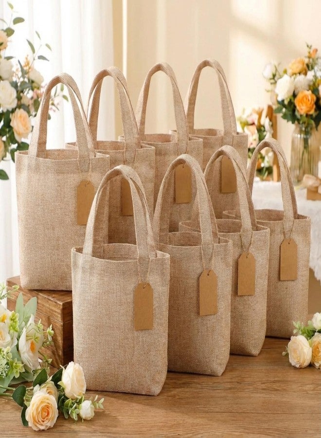 Aliceset 12 Pcs Mini Burlap Tote Bags with Handles Small Jute Gift Bags Bulk with Tags Reusable Wedding Bridesmaids Welcome Teachers Burlap Bag for DIY Party Favors (10 x 10 x 3.5 Inch,Light Brown - Image 3