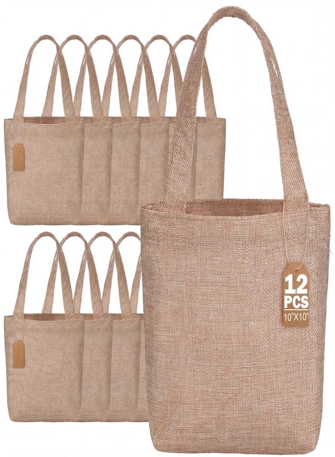 Aliceset 12 Pcs Mini Burlap Tote Bags with Handles Small Jute Gift Bags Bulk with Tags Reusable Wedding Bridesmaids Welcome Teachers Burlap Bag for DIY Party Favors (10 x 10 x 3.5 Inch,Light Brown - Image 1