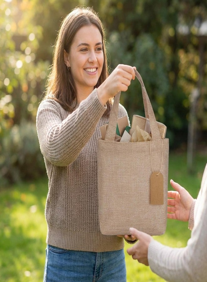 Aliceset 12 Pcs Mini Burlap Tote Bags with Handles Small Jute Gift Bags Bulk with Tags Reusable Wedding Bridesmaids Welcome Teachers Burlap Bag for DIY Party Favors (10 x 10 x 3.5 Inch,Light Brown - Image 2