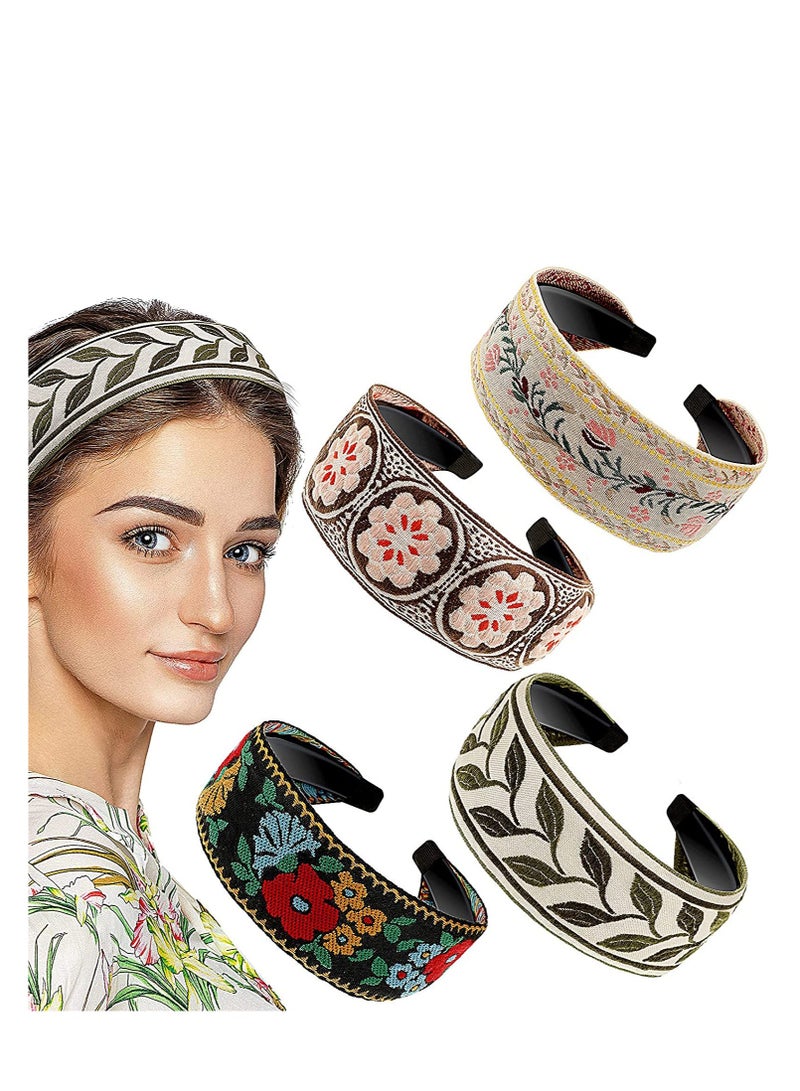 Loquat 4 Pieces Boho Headband Handmade Embroidery Bohemia Floral Wide Headbands Vintage Ethnic Style Hair Band for Women Girls Hair Accessories Classic Pattern - Image 1