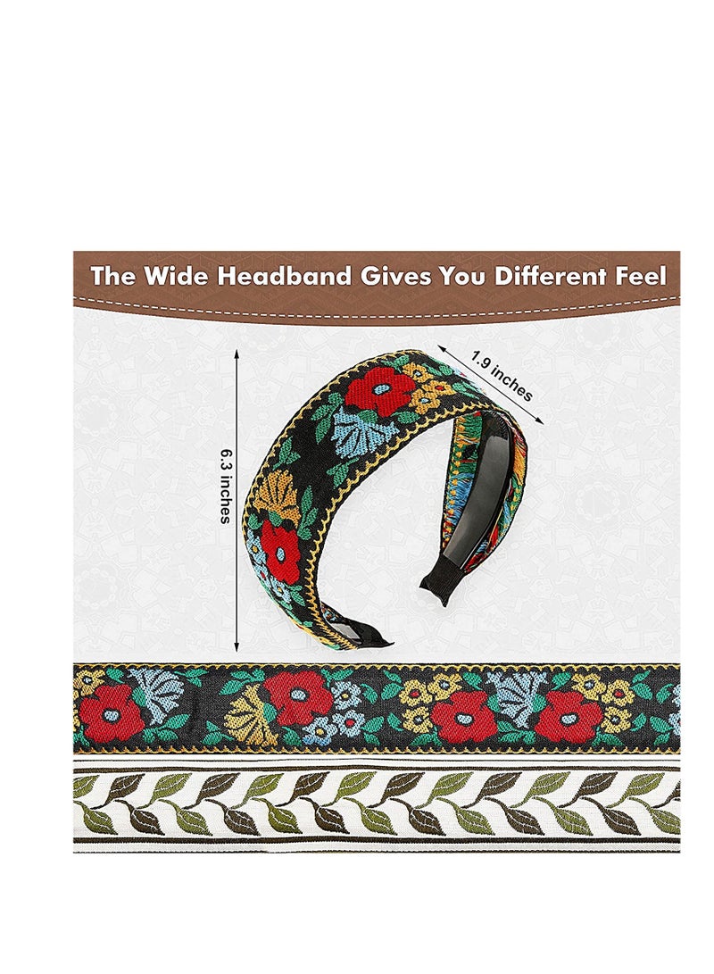 Loquat 4 Pieces Boho Headband Handmade Embroidery Bohemia Floral Wide Headbands Vintage Ethnic Style Hair Band for Women Girls Hair Accessories Classic Pattern - Image 4