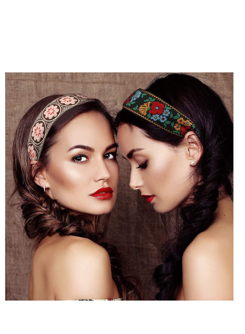 Loquat 4 Pieces Boho Headband Handmade Embroidery Bohemia Floral Wide Headbands Vintage Ethnic Style Hair Band for Women Girls Hair Accessories Classic Pattern - Image 2