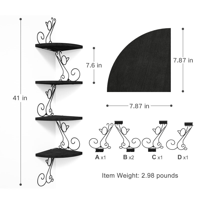 Alsonerbay Corner Shelves - Wall Mounted Floating Wood Shelf, 4 Tier Rustic Storage Shelf, Cat Shaped Shelving for Wall, Solid Wooden Decor for Living Room, Bedroom, Kitchen (Black) - Image 5