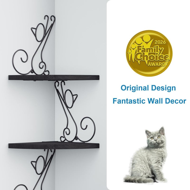 Alsonerbay Corner Shelves - Wall Mounted Floating Wood Shelf, 4 Tier Rustic Storage Shelf, Cat Shaped Shelving for Wall, Solid Wooden Decor for Living Room, Bedroom, Kitchen (Black) - Image 2