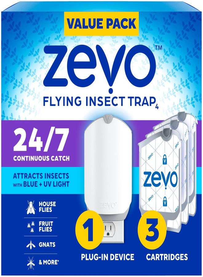 Zevo Flying Insect Trap & 3 Refill Cartridges - Plug in Fly Trap & Indoor Bug Catcher for Gnats, House & Fruit Flies - Blue & UV Light Technology, Mess-Free Alternative to Bug Zapper - Image 1