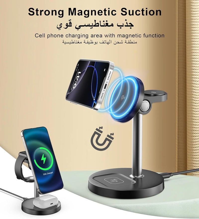 XXZU شاحن لاسلكي 3 في 1 متوافق مع Magsafe، حامل شاحن مغناطيسي لاسلكي محمول Qi2 بقدرة 25 واط سريع الشحن متوافق مع iPhone 17 16 15 14 13 Pro Max Plus/Apple Watch Series/Airpods - Image 2