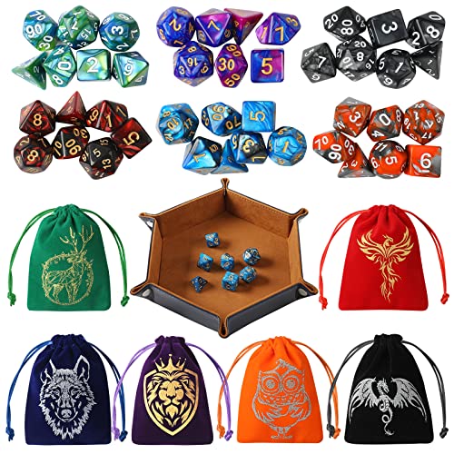Grajar DND Dice Set 42 Pcs polyhedral dice Set with 6 Colorful Animal Pattern Bag and PU Leather Velvet Tray for Dungeons Dragons DD RPG MTG Table Games - Image 1