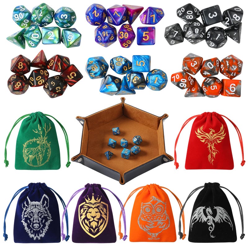 Grajar DND Dice Set 42 Pcs polyhedral dice Set with 6 Colorful Animal Pattern Bag and PU Leather Velvet Tray for Dungeons Dragons DD RPG MTG Table Games - Image 3