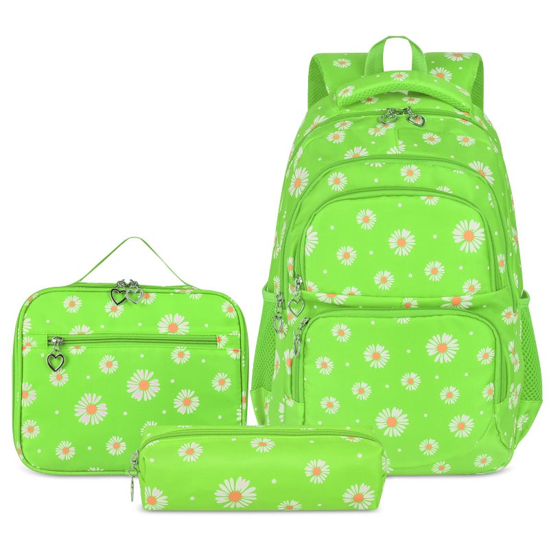 goldwheat Daisy Printed Backpacks With Lunch Pack Pencil Case 3pcs Lightweight Water Resistant Bookbag For Middle School - Image 2