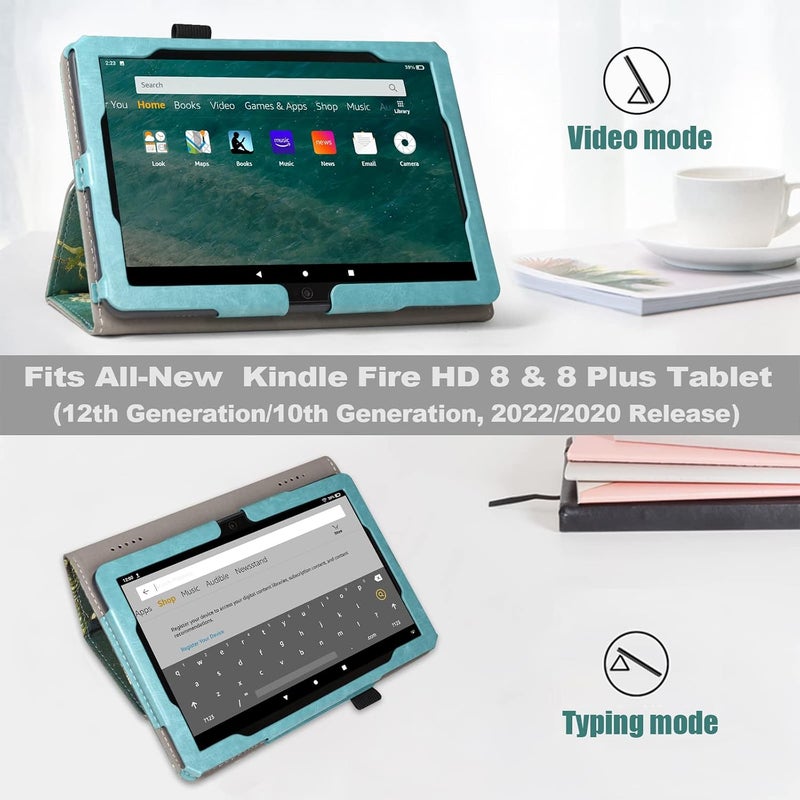 ايسدريم غلاف للوحة Fire HD 8 & 8 Plus الجديدة تمامًا (الجيل الثاني عشر/الجيل العاشر، إصدار 2022/2020)، غلاف فوليو من الجلد، حامل قابل للطي، تشغيل/إيقاف تلقائي، حزام يد، فتحات بطاقات، بلوسوم - Image 3