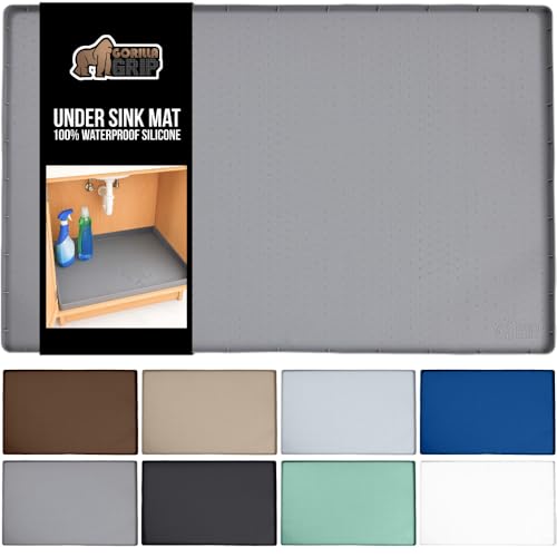 GORILLA GRIP Waterproof Silicone Under Sink Mat with Raised Lip for Kitchen and Bathroom, 34 x 22 in, Cabinet Shelf Liner Stay in Place Mats Dishwasher Safe Drawer Liner, Organizer Tray, Gray - Image 1