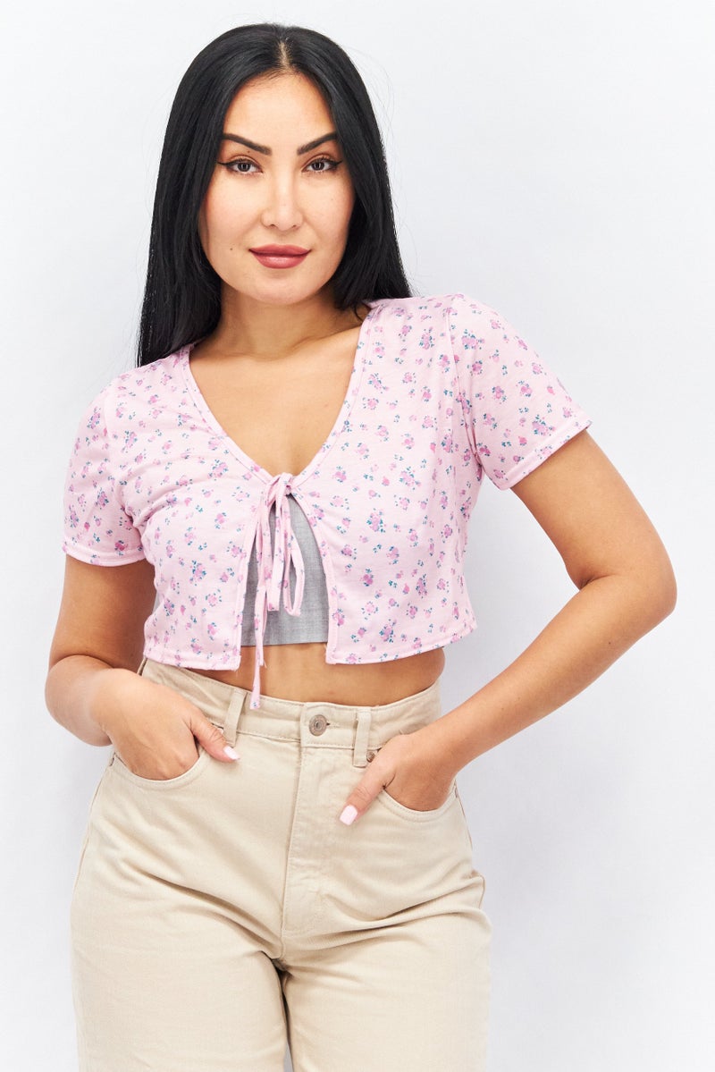 Missguided Women Tie Neck Short Sleeve Allover Printed Blouse, Multicolor - Image 1