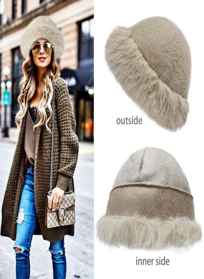 Cityelf Faux Fur Bucket Hat, Fluffy Fisherman Fuzzy Bucket Hat, Womens Winter Warm Plush Hat Beige - Image 4