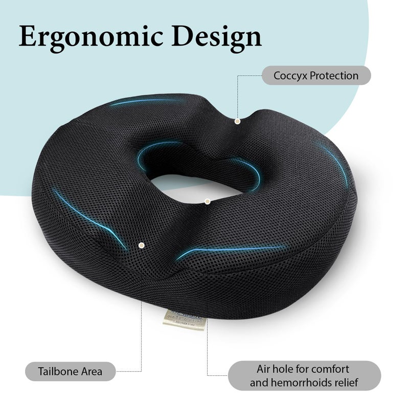 Sleepsia Cool Gel Memory Foam Donut Pillow for Tailbone Pain 1 Year Warranty Hemorrhoids Lower Back Support Orthopedic Ring Cushion for Office Chair Car Seat Piles Relief Black Memory Foam - Image 5