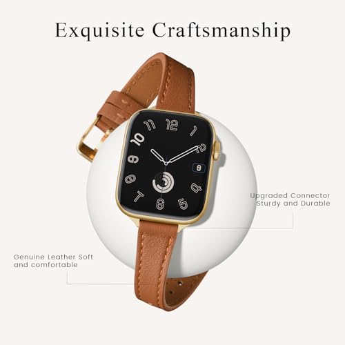 STIROLL Slim Leather Bands Compatible with Apple Watch Band 38mm 40mm 41mm 42mm(Series 11 10), Top Grain Leather Watch Thin Wristband for iWatch SE 9 8 7 6 5 4 3 2 1 (Brown Gold) - Image 2