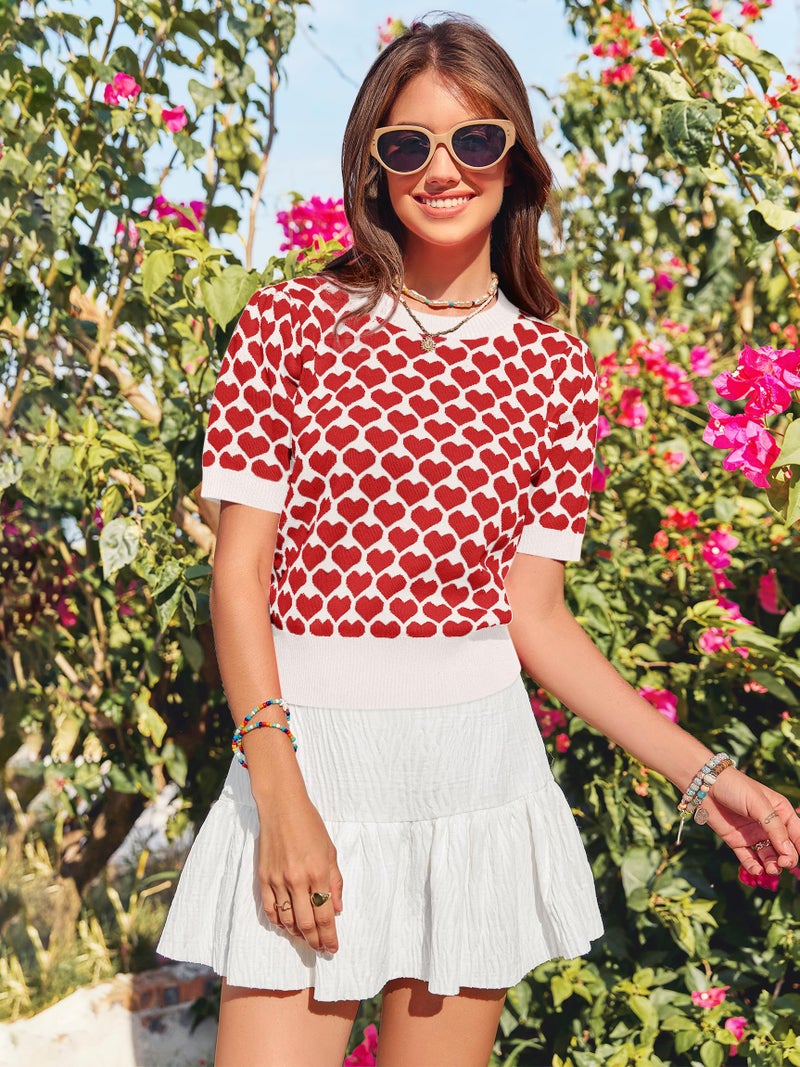 Yousify Women Puff Short Sleeve Sweater Casual Cropped Knit Shirts Cute Heart Holidays Graphic Print Pullover Jumper Tops 2025 White Red - Image 5