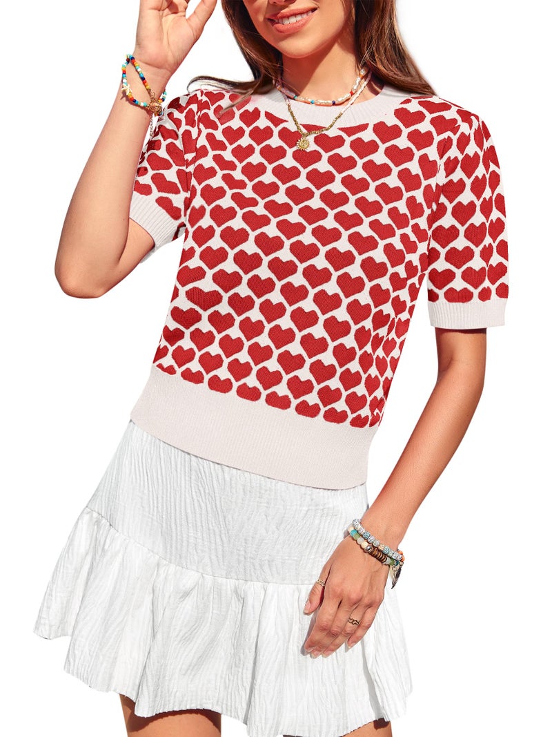 Yousify Women Puff Short Sleeve Sweater Casual Cropped Knit Shirts Cute Heart Holidays Graphic Print Pullover Jumper Tops 2025 White Red - Image 2