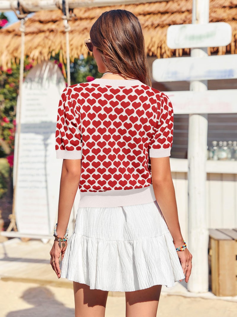 Yousify Women Puff Short Sleeve Sweater Casual Cropped Knit Shirts Cute Heart Holidays Graphic Print Pullover Jumper Tops 2025 White Red - Image 3
