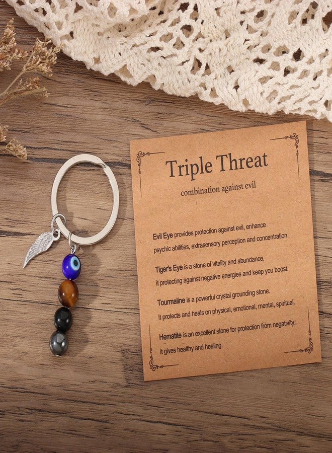 AULSIEY Evil Eye Keychain Charms Decor, Evil Eye Jewelry Triple Empath Protection Keychain for Women, Emotional Protection Healing Crystals Keychains Mental Health Gifts, Natural Crystal Keychains - Image 3
