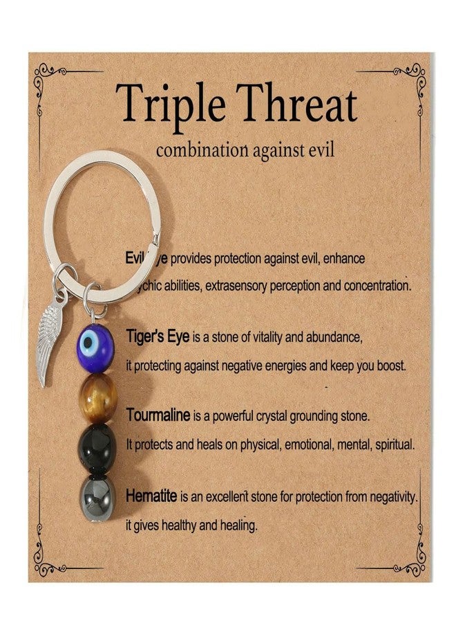AULSIEY Evil Eye Keychain Charms Decor, Evil Eye Jewelry Triple Empath Protection Keychain for Women, Emotional Protection Healing Crystals Keychains Mental Health Gifts, Natural Crystal Keychains - Image 1