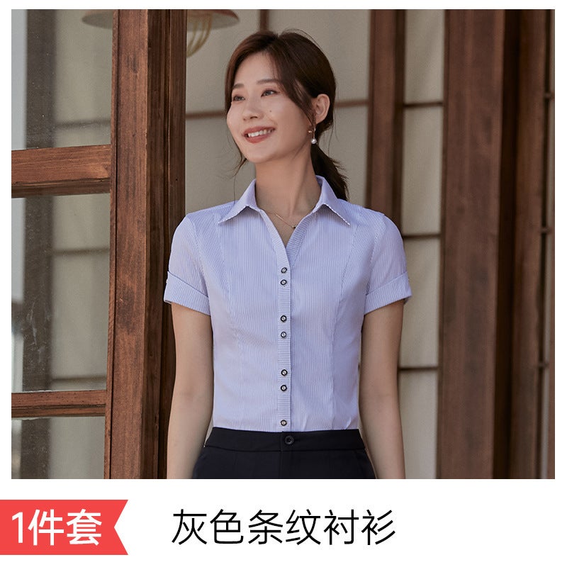 2024 White Shirt Womens Short-sleeved Summer Thin V-neck Elegant Work Clothes Dress Non-ironing Striped Stretch Shirt gray stripe