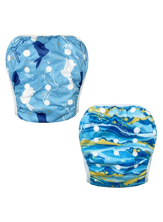 Baby Reusable Swim Nappies 2-Pack, Adjustable Blue Ocean Prints, Waterproof Fast-Dry for 8 Months - 3 Years - Image 1