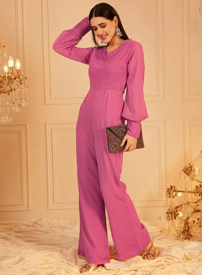 STREET 9 Women Pink V Neck Sequined Jumpsuit