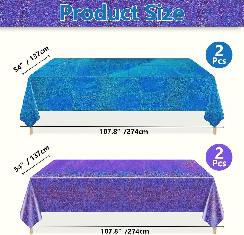 PTECDROTS 2Pcs Blue & 2Pcs Purple Holographic Tablecloths Rectangular Blue and Purple Iridescent Shimmer Metallic Table Covers for Under The Sea Ocean Mermaid Anniversary Party Supplies, 54 x 108inch - Image 2