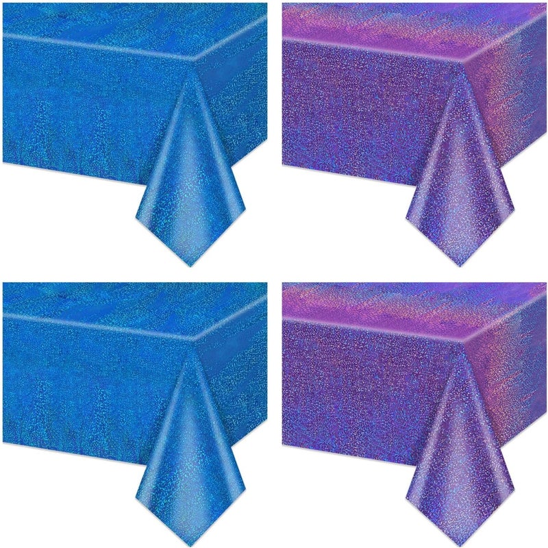 PTECDROTS 2Pcs Blue & 2Pcs Purple Holographic Tablecloths Rectangular Blue and Purple Iridescent Shimmer Metallic Table Covers for Under The Sea Ocean Mermaid Anniversary Party Supplies, 54 x 108inch - Image 1