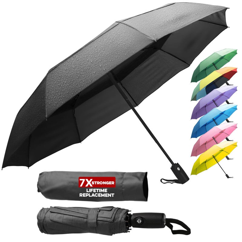ZENO Travel Umbrella Compact - Small Umbrella for Backpack & Purse, Portable Automatic Umbrellas for Rain, Windproof, Reinforced Fiberglass Ribs, Water-Repellent Teflon, Black