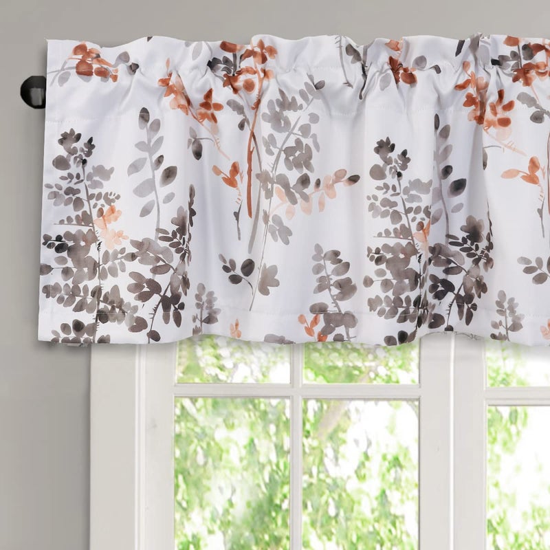 H.VERSAILTEX Valance for Kitchen Windows/Bathroom/Living Room/Bedroom Blackout Window Valance Thermal Insulated Rod Pocket Valance Curtains, 52" W x 18" L, 1 Panel, Floral Pattern in Grey and Coral - Image 1