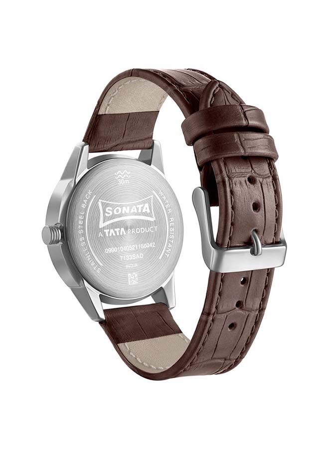 Sonata Round Shape Leather Band Chronograph Wrist Watch 7133SL01 - 40 mm - Brown - Image 3