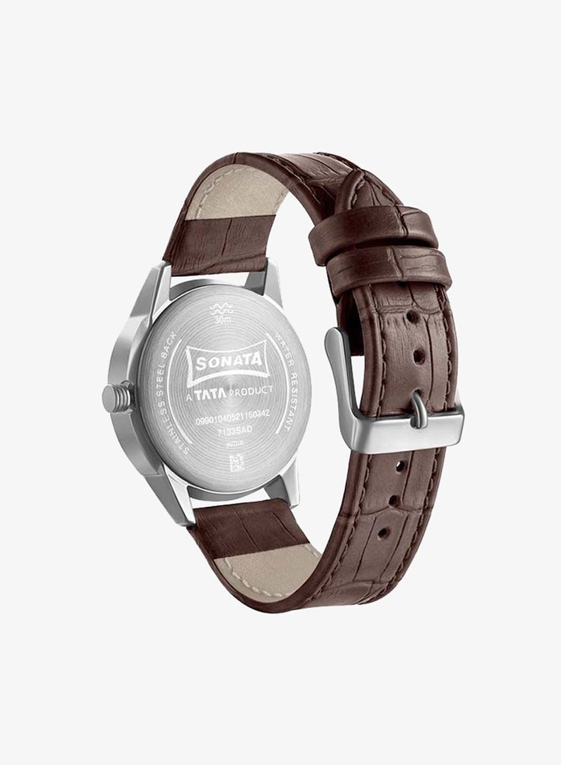 Sonata Round Shape Leather Band Chronograph Wrist Watch 7133SL01 - 40 mm - Brown - Image 3