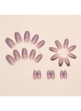 24pcs Glossy Short Ballet Press On Nails - Aurora Purple Gradient with Golden Glitter Stars, Shimmer False Nails for Women - view 2