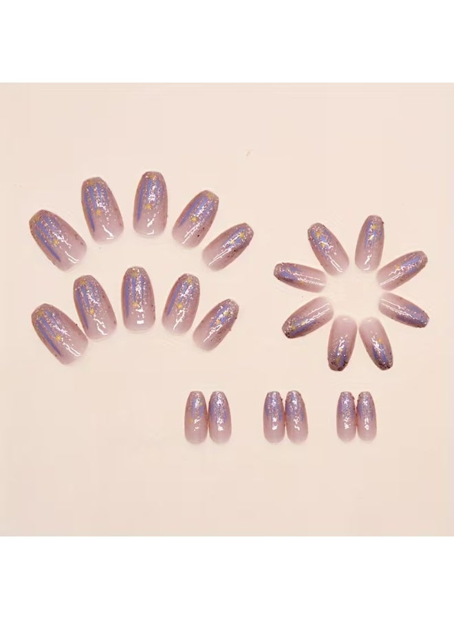 Goolsky 24 قطعة أظافر باليه قصيرة لامعة - تدرج أرجواني أورا مع نجوم لامعة ذهبية - Image 2